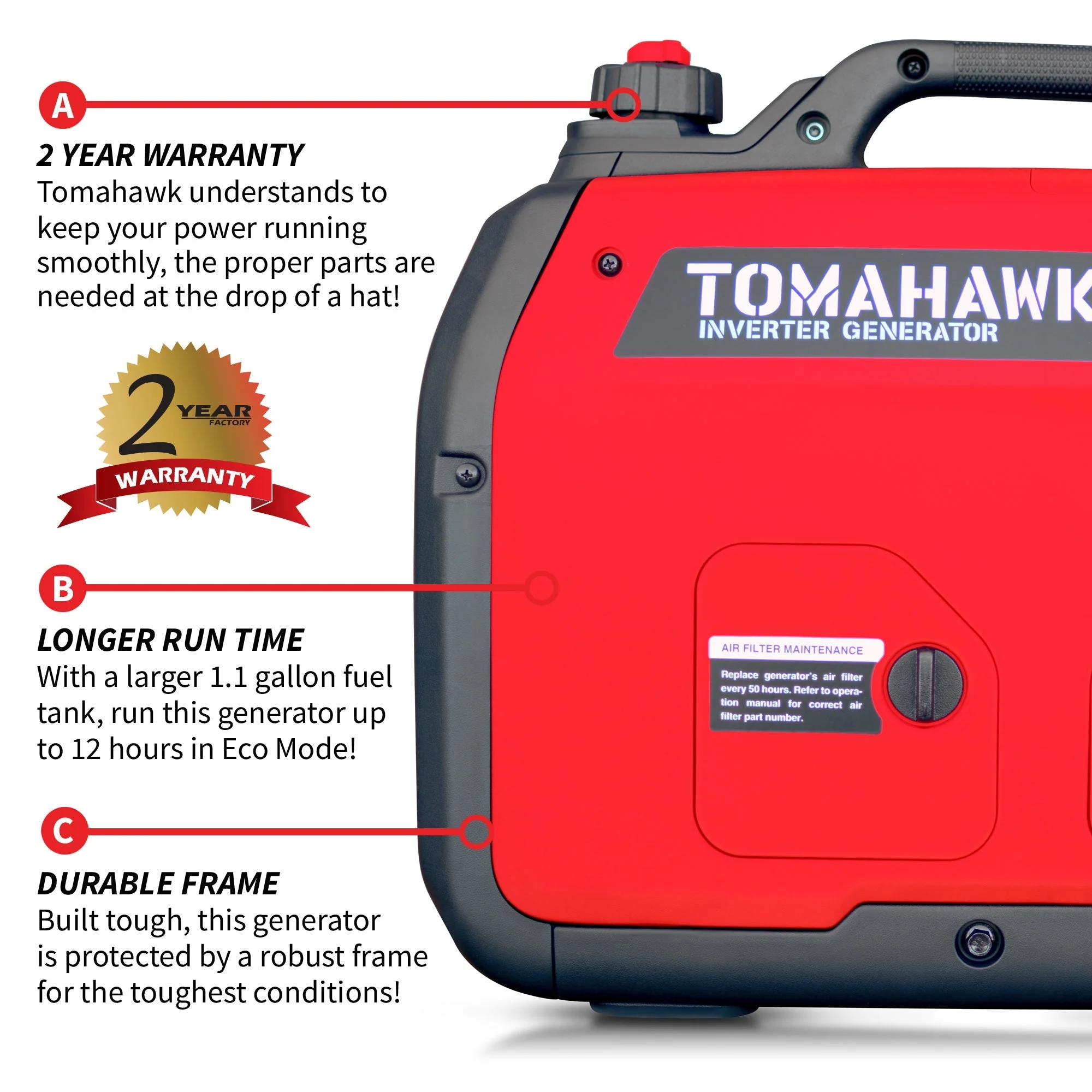 Tomahawk Power 2000 Watt Inverter Generator Super Quiet Portable Gas Power Professional Use - Image 5