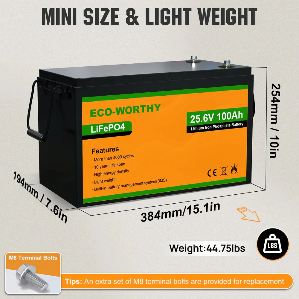 ECO-WORTHY 24V 100Ah Lithium Iron Phosphate Battery - Image 7