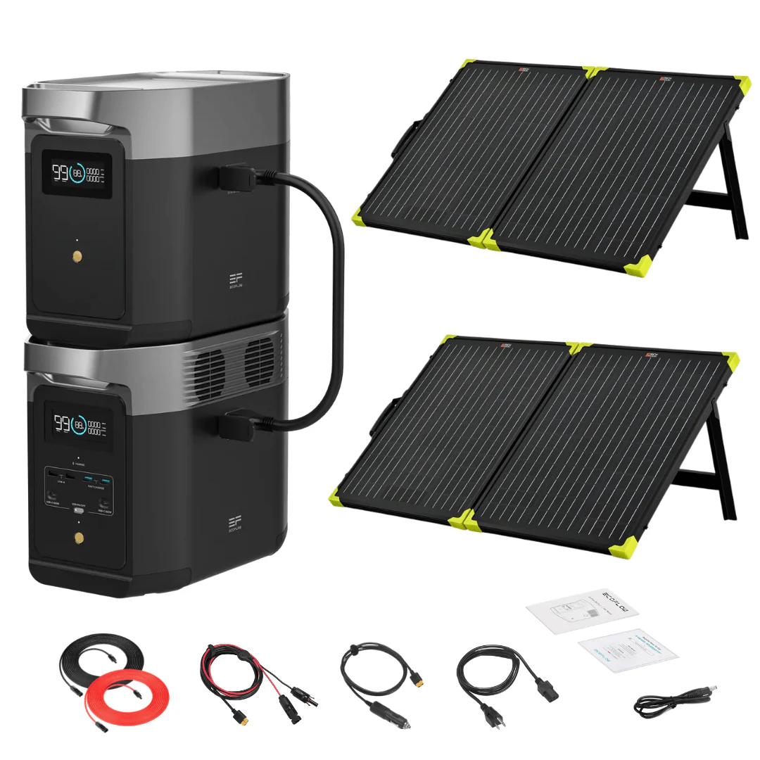 EcoFlow DELTA 2 With Extra Battery 2048Wh 1800W Solar Generator + 100W Portable Monocrystalline Solar Panels Kit