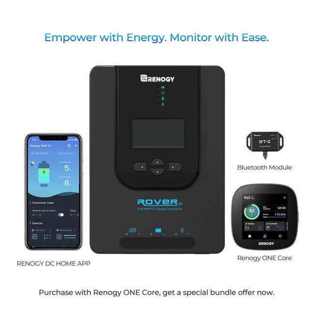 Renogy Rover Li 30 Amp MPPT Solar Charge Controller + Bluetooth Module (G2 Version w/BT2) & Renogy ONE Core