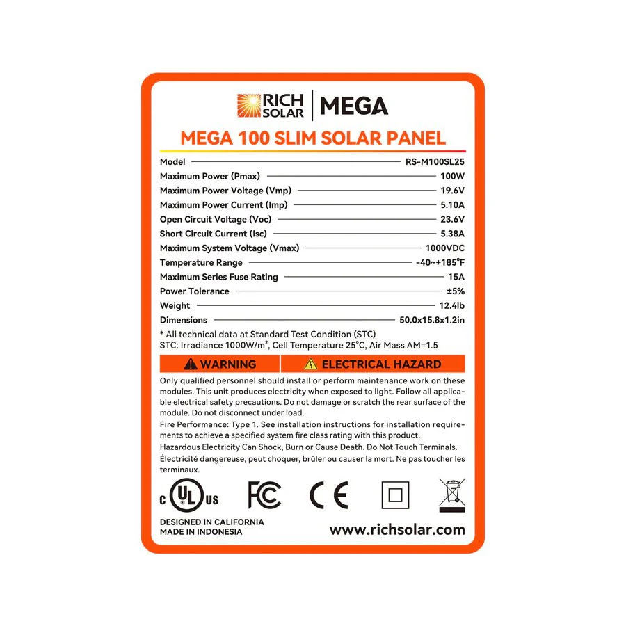 Rich Solar MEGA 100 Watt 12V Slim Monocrystalline Solar Panel - Image 3