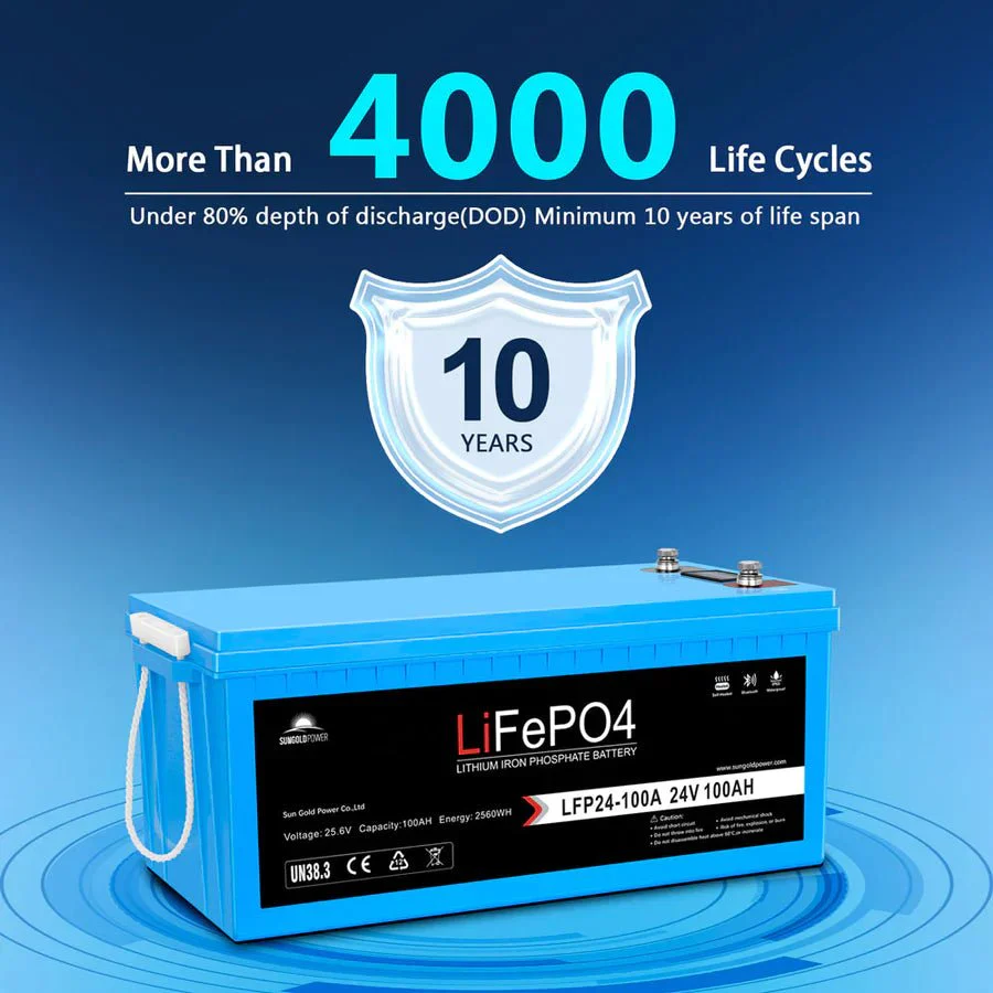 SunGoldPower 24V 100AH LifePO4 Deep Cycle Lithium Battery Bluetooth / Self-Heating / IP65 - Image 4
